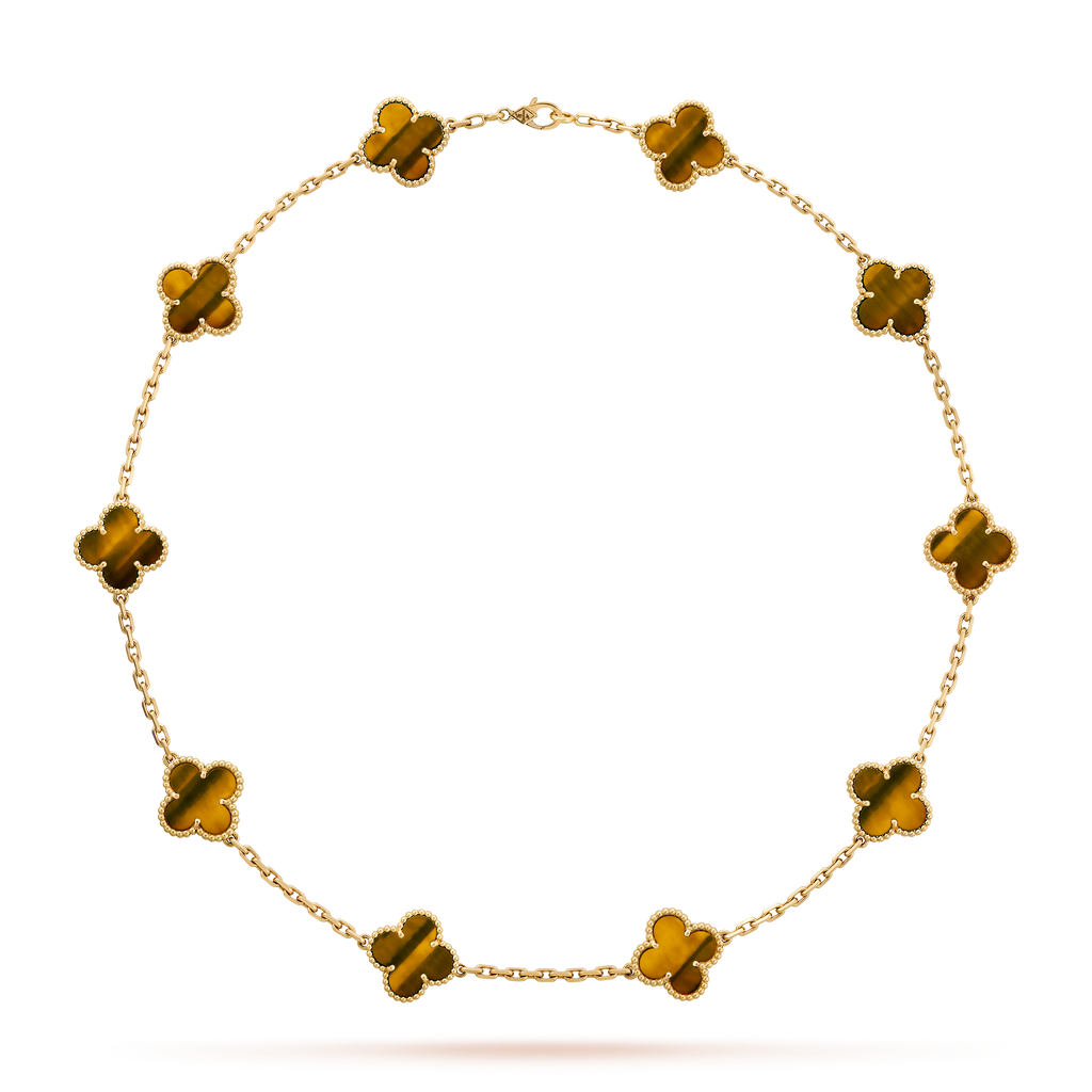 COLLIER VINTAGE ALHAMBRA 7 MOTIFS MARRON TIGER EYE