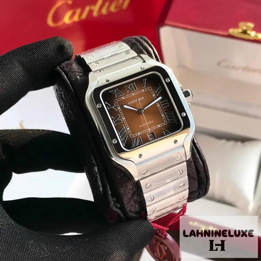 Cartier Santos De Silver Brown Swiss ETA Movement Automatic