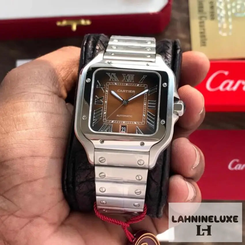 Cartier Santos De Silver Brown Swiss ETA Movement Automatic