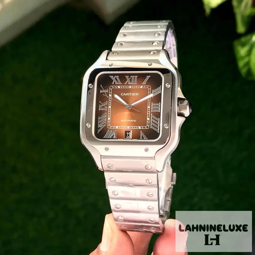 Cartier Santos De Silver Brown Swiss ETA Movement Automatic