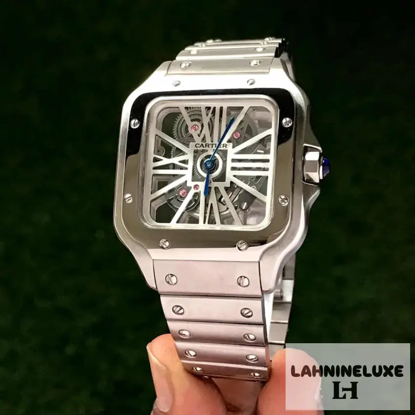 Cartier Santos De Skeleton Stainlees Steel Automatic Mens Watch