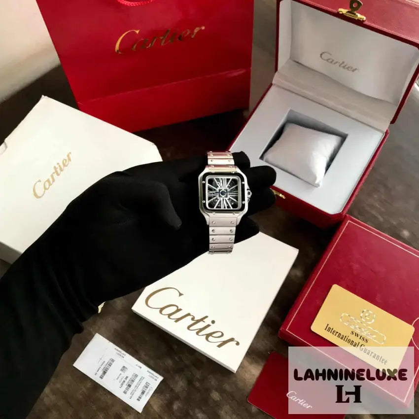 Cartier Santos De Skeleton Stainlees Steel Automatic Mens Watch