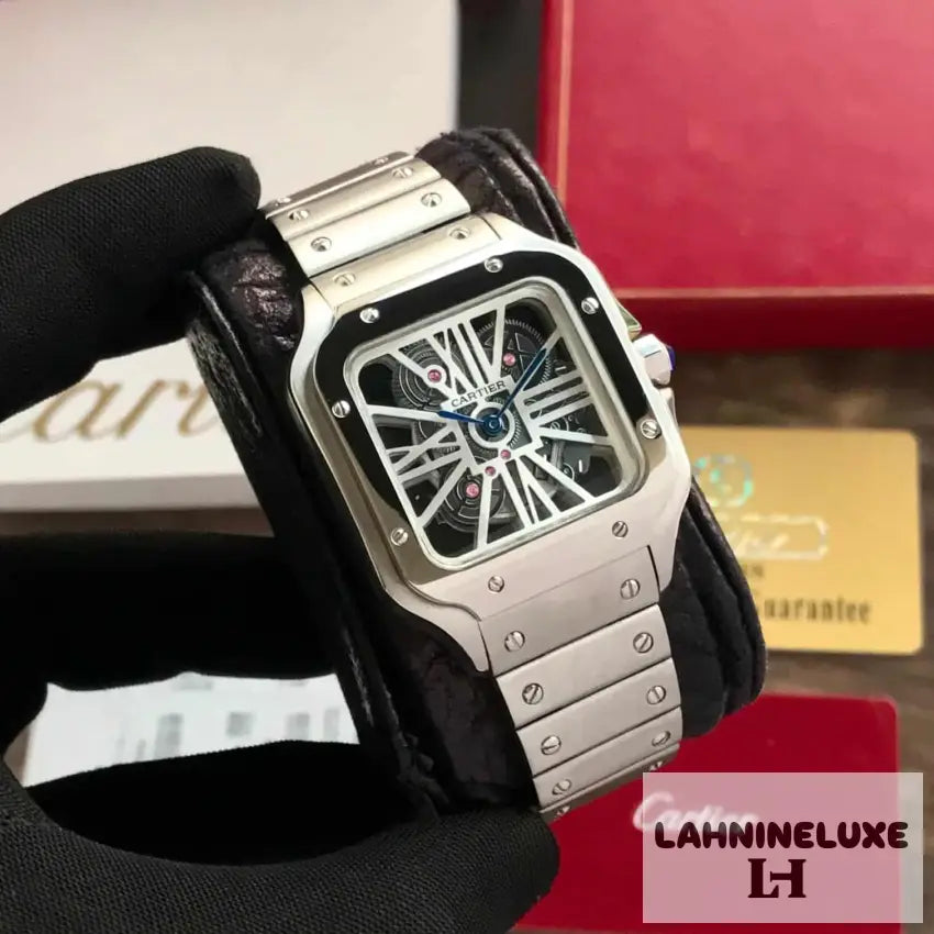 Cartier Santos De Skeleton Stainlees Steel Automatic Mens Watch