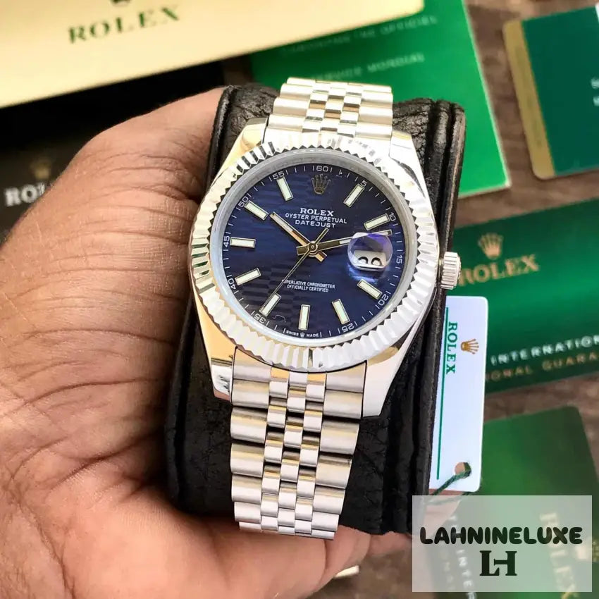 Date Just 41 Blue Motif Index Dial Fluted Bezel Jubilee Stainless Steel & Japanese Master Quality
