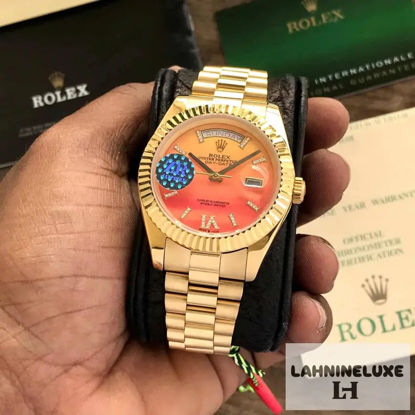 Day-Date President Yellow Gold Carnelian Orange Diamond Roman Dial Japanese