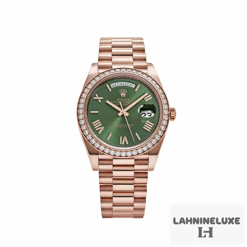 Day-Date Rose Gold Olive Green Roman Numerals Dial Diamond