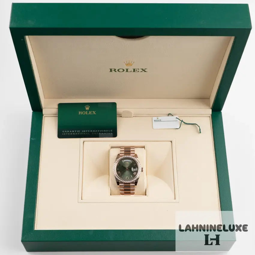 Day-Date Rose Gold Olive Green Roman Numerals Dial Diamond