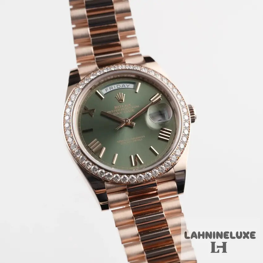 Day-Date Rose Gold Olive Green Roman Numerals Dial Diamond