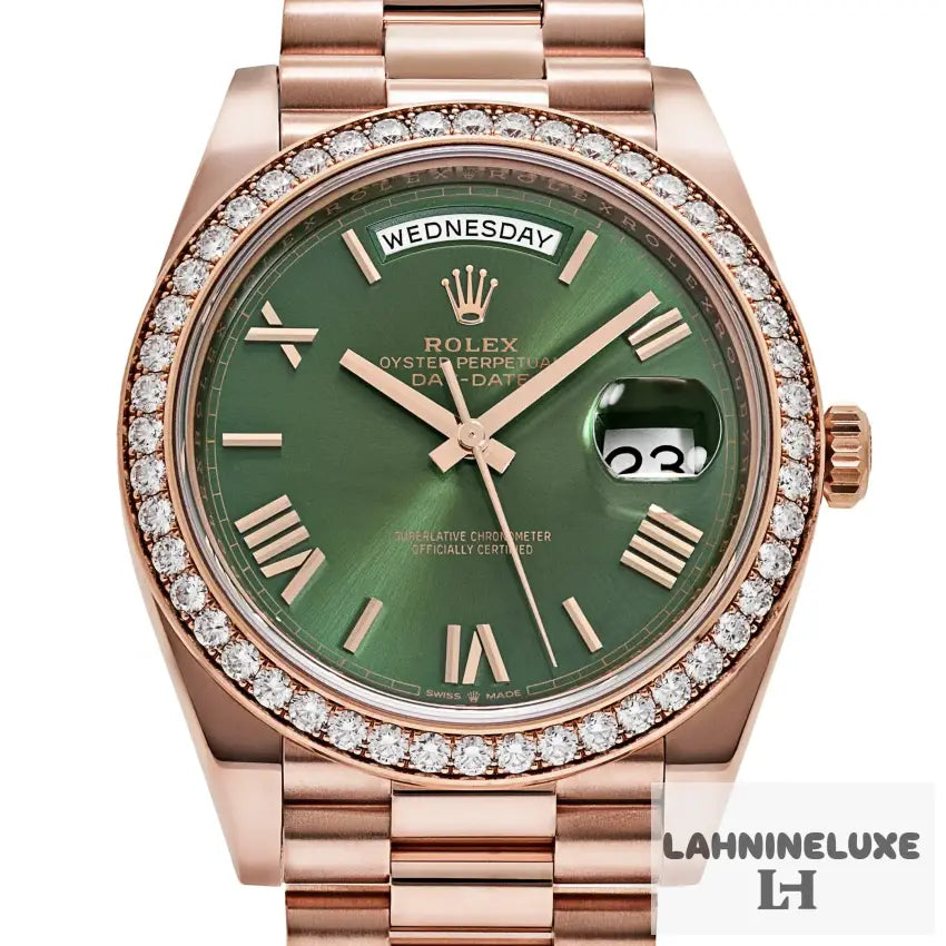 Day-Date Rose Gold Olive Green Roman Numerals Dial Diamond
