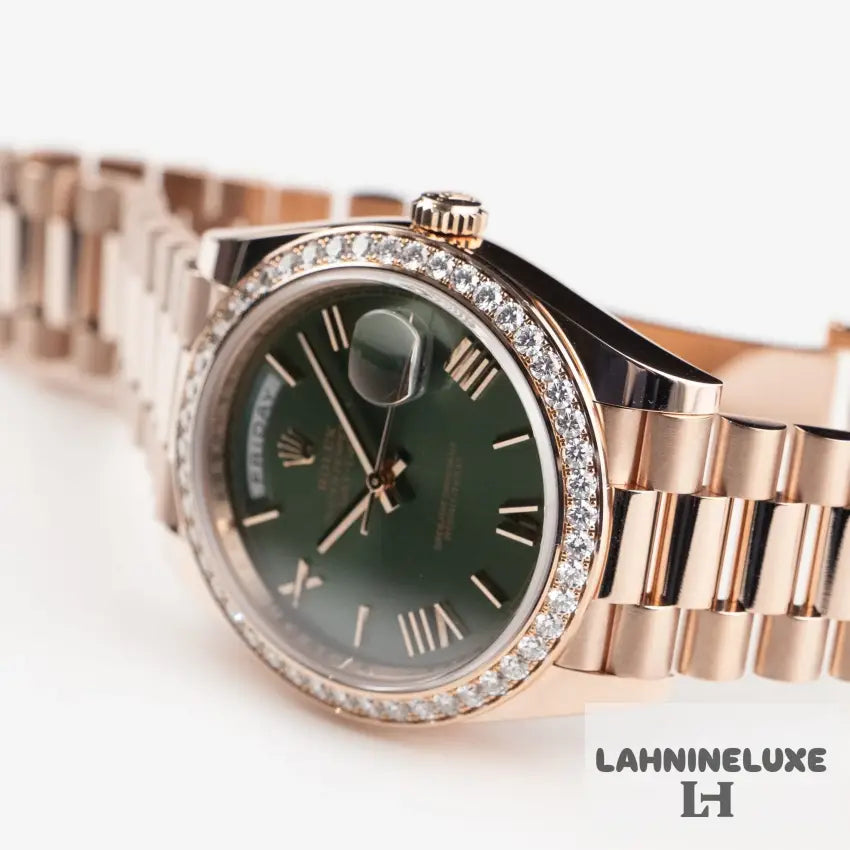 Day-Date Rose Gold Olive Green Roman Numerals Dial Diamond