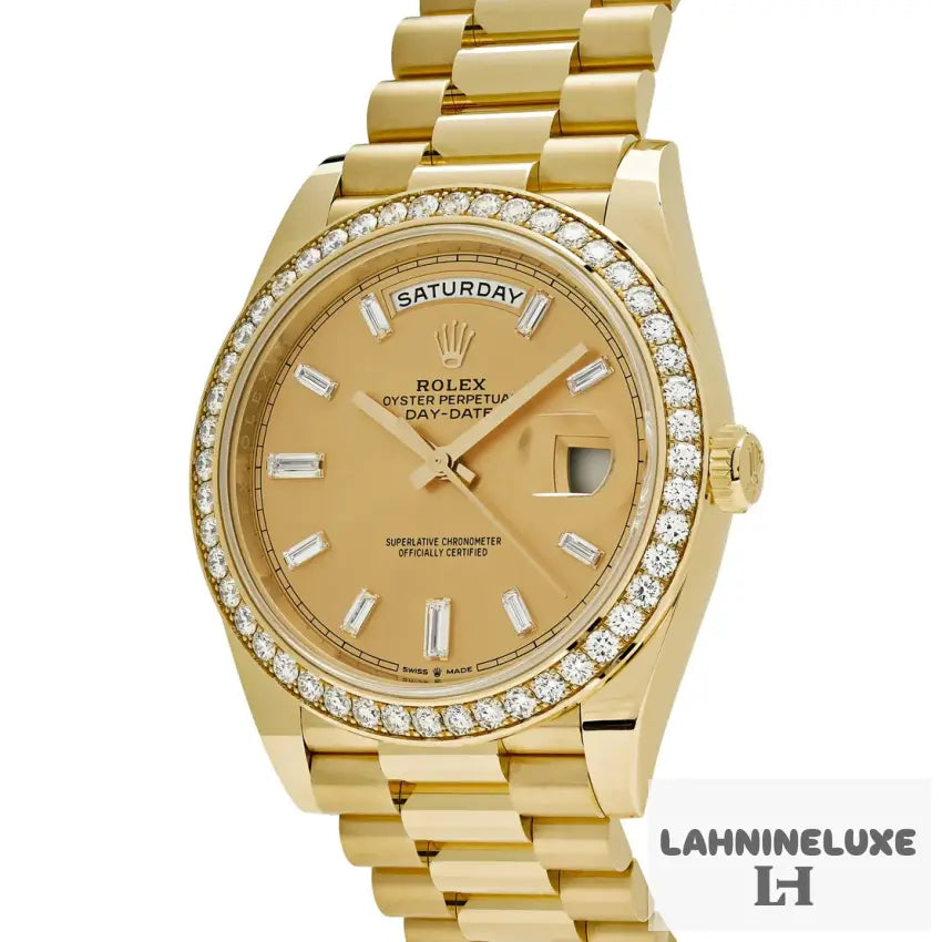 Day-Date Yellow Gold Champagne Diamond Baguette Dial Diamond Bezel