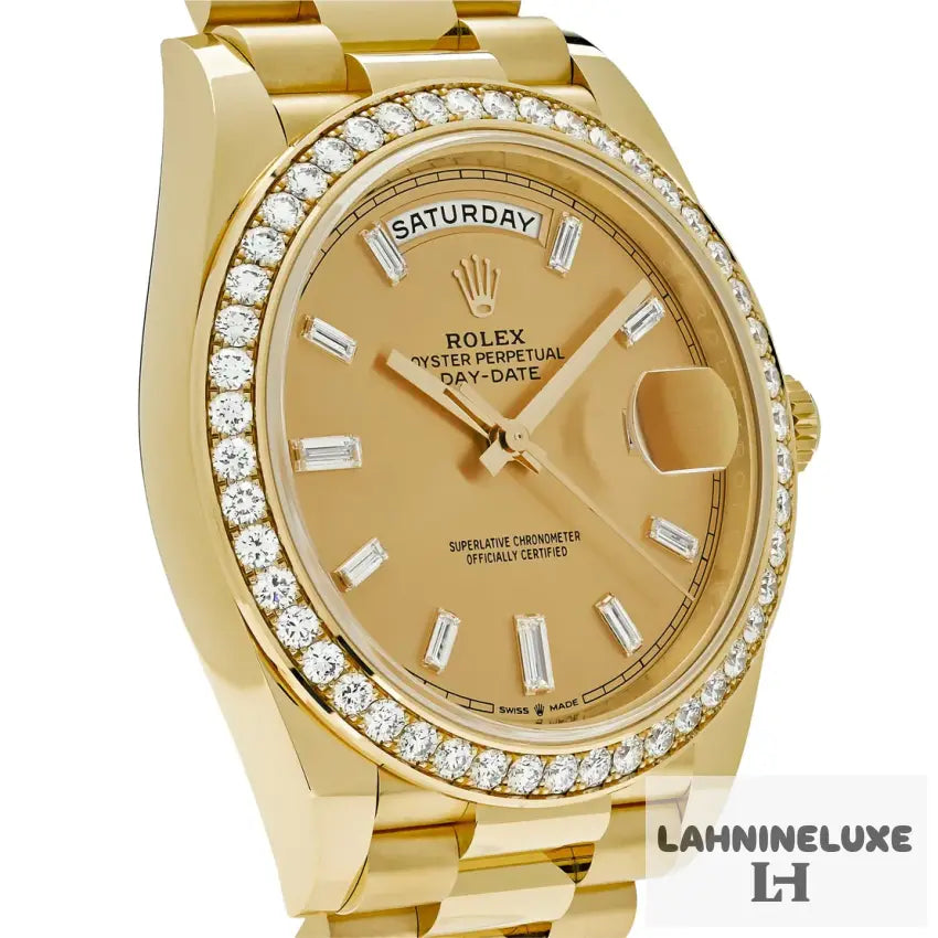 Day-Date Yellow Gold Champagne Diamond Baguette Dial Diamond Bezel