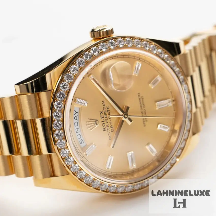Day-Date Yellow Gold Champagne Diamond Baguette Dial Diamond Bezel