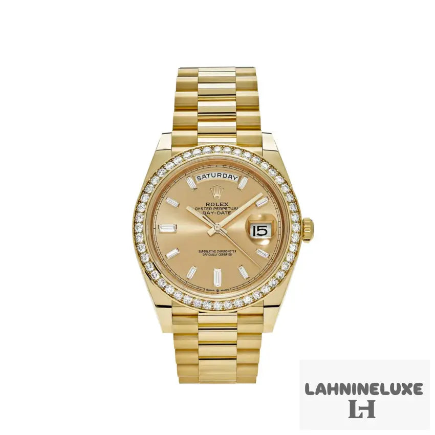 Day-Date Yellow Gold Champagne Diamond Baguette Dial Diamond Bezel