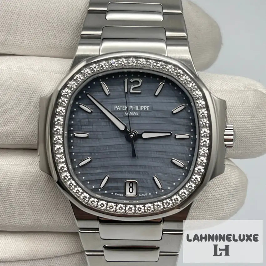 Patek Philippe Nautilus ’Ladies’ Stainless Steel Blue Mother Of Pearl Dial Diamond Bezel