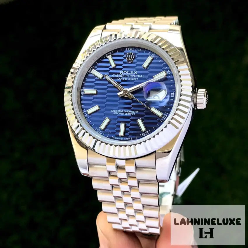 Rolex Date Just 41 Blue Motif Index Dial Fluted Bezel Jubilee Stainless