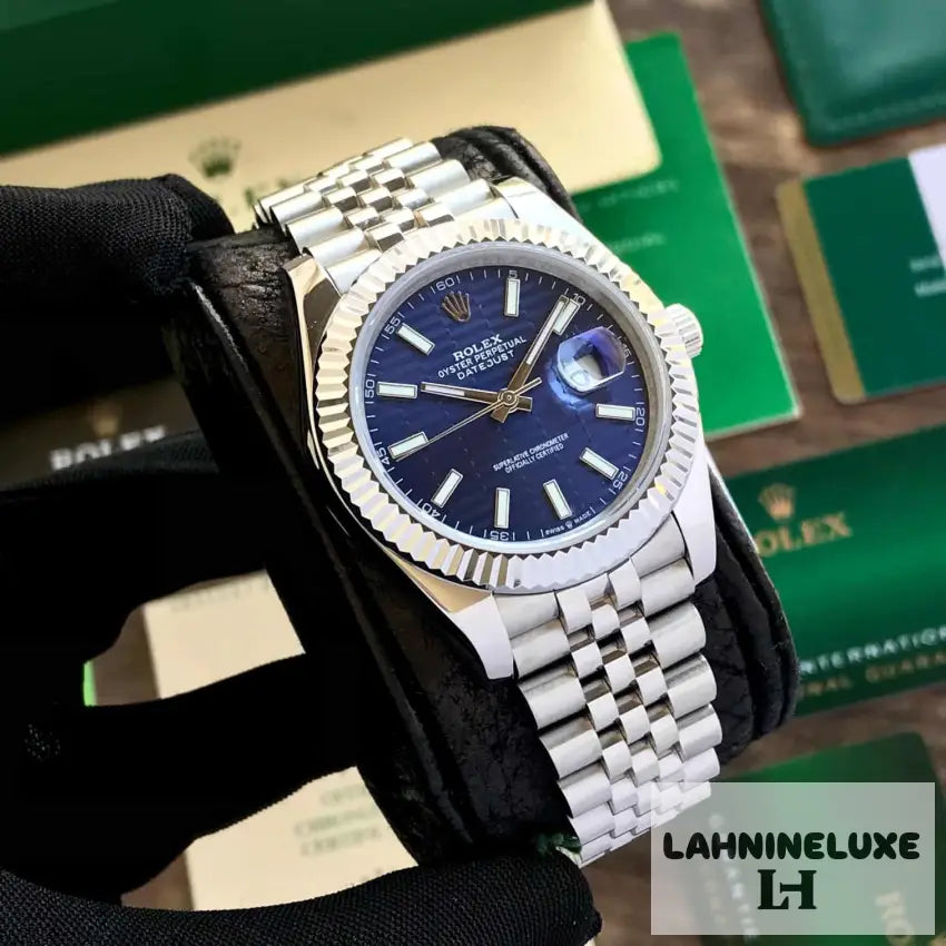 Rolex Date Just 41 Blue Motif Index Dial Fluted Bezel Jubilee Stainless