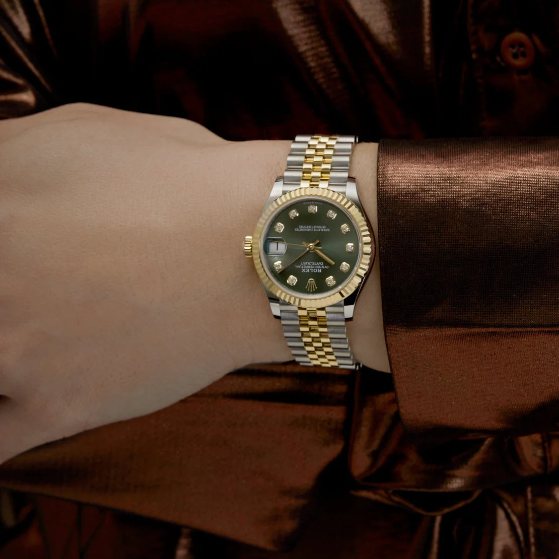 Datejust 'Ladies' Stainless Steel Yellow Gold Olive Green Diamond Dial Jubilee
