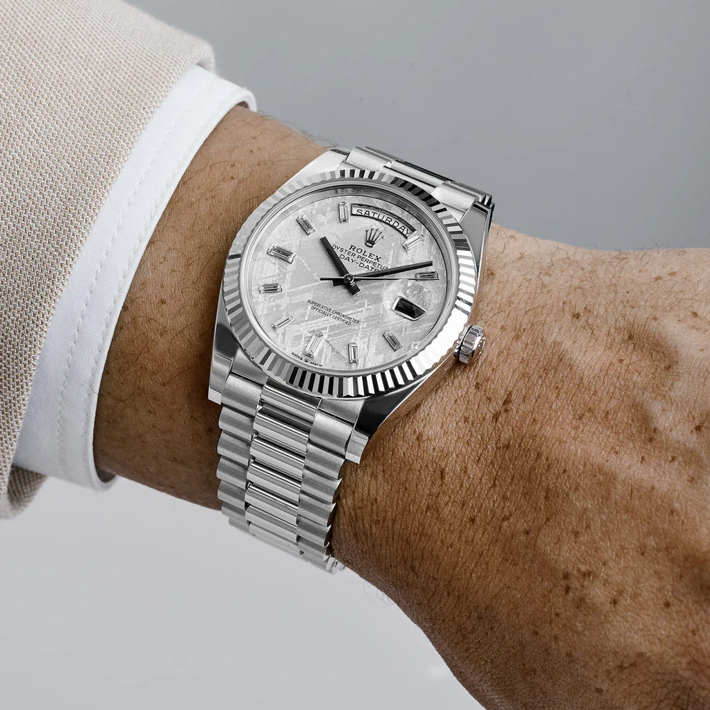 Rolexx  Day-Date  Platinum Meteorite Diamond Baguette Dial